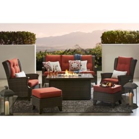 Member S Mark Agio Newcastle 6 Piece Patio Deep Seating Set With Fire Pit And Sunbrella Fabric Grenadine Sam S Club