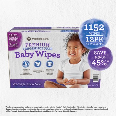 12 packs x 96 Members Mark Premium Diaper Baby Adult Wet Wipes 1152 ct Case 