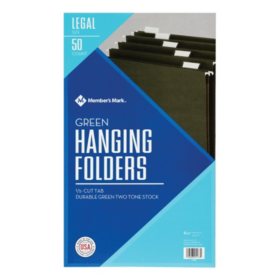 Member's Mark Hanging File Folders, Legal, 1/5-Cut Tabs, Green, 50/Box