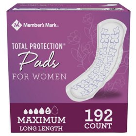 Member's Mark Total Protection Pads for Women, Maximum Long Length, 192 ct.
