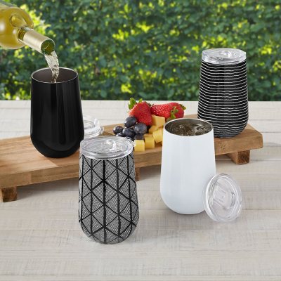 Member's Mark 16oz 4pk Stainless Steel Insulated Vacuum Tumblers with Lids-Black Geo