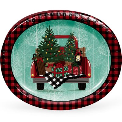 50 Count Christmas Oval Paper Plates, 10 x 12.5 Large Disposable Dinner  Red