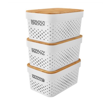 Plastic Storage Baskets with Bamboo Wooden Lids - White - Set of 2