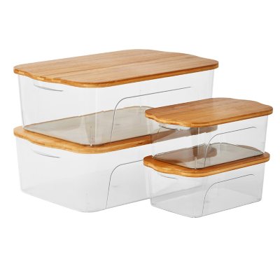Plastic Storage Baskets with Bamboo Wooden Lids - White - Set of 2 