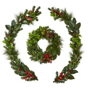 Member's Mark Pre-Lit Holiday Wreath and Garland Set		