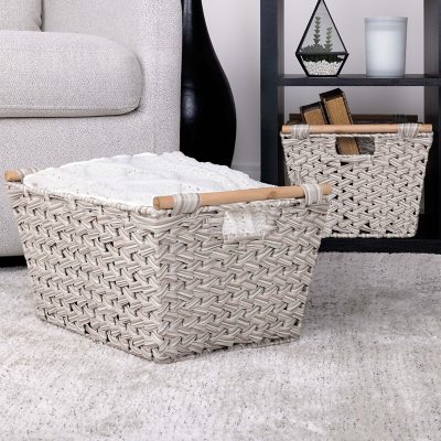 Set of 2 Woven Plastic Storage Basket Bins with Handles Household Organizers