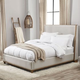 Westport  Beige Fabric Upholstery  and Wood Queen Size Bed Frame