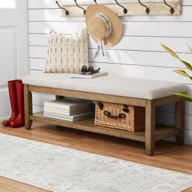 Westport Beige Fabric Upholstery and Wood Bench with Lower Storage Shelf	