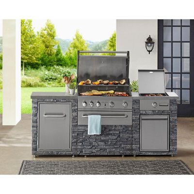 Member's Mark SS304 Deluxe Stacked Stone 4-Burner Natural GAS Grill Island with Griddle