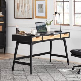 Member's Mark Enzo Writing Desk with 3 Rattan Storage Drawers, Black Finish