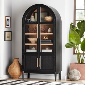 Member's Mark Enzo Bookcase Storage Cabinet With Rattan Cabinet Doors, Black Finish