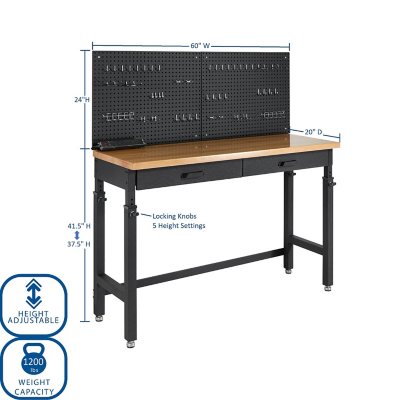 Member's Mark™ Height Adjustable 2-Drawer Workbench with Pegboard and Power  Strip