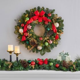 Member's Mark Pre-Lit 32" Decorated Holiday Wreath - Red/Gold