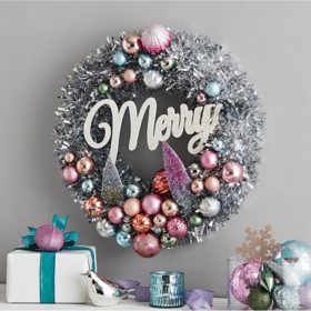 Member's Mark 24" Shatterproof Ornament Tinsel Wreath - Pink and Silver
