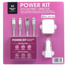Member's Mark Lightning USB Power PD Pack - With Car & Wall Charger & 2 Apple Lightning Cables