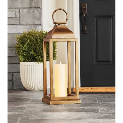 28H Antique Bronze Metal Indoor/Outdoor Lantern with Glass Panes and Timer  