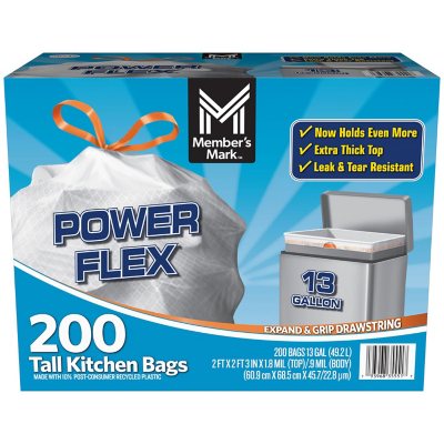 Members Mark Power Flex Tall Kitchen Drawstring Trash Bags (13 Gallon, 2  Rolls of 100 Ct, 200 Count Total), White