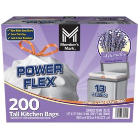 Member's Mark Power Flex Tall Kitchen Drawstring Trash Bags, Lavender Scent 13 gal., 200 ct.