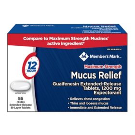 Member's Mark Max Strength Mucus Relief Guaifenesin Tablets, 1200 mg, 56 ct.