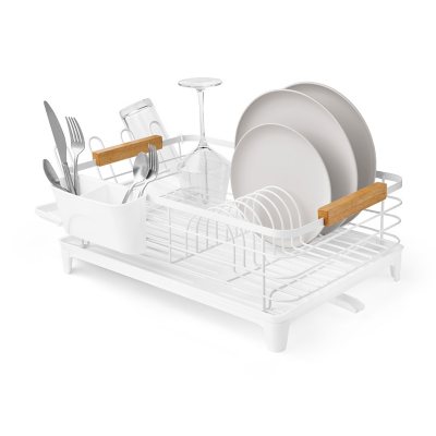 Yamazaki Home Dish Rack with Removeable Drainer Tray, Kitchen Counter Dish  Drying Organizer Holder Steel + Wood One Size White