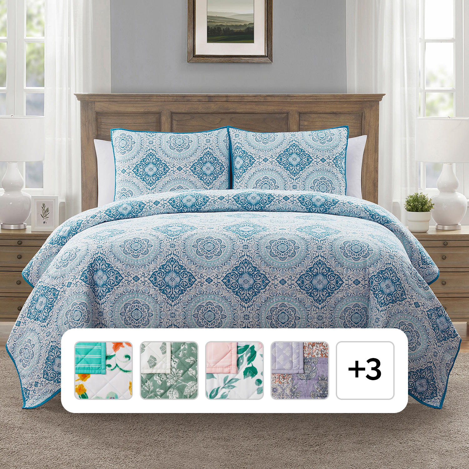 Member's Mark 3-Piece Printed Quilt Set (Assorted Colors and Sizes) Full/Queen Cam Plaid Gray