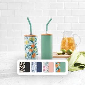 Member's Mark 24-oz Stainless Steel Insulated Tumblers With Wood Lids And Stainless Steel Straws, Assorted Colors 2 pk.