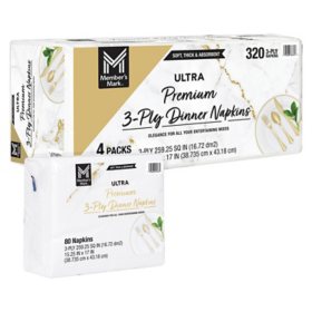 Member's Mark Premium White 3-Ply Dinner Napkins, 15" x 17" 80/pk., 4 pk		