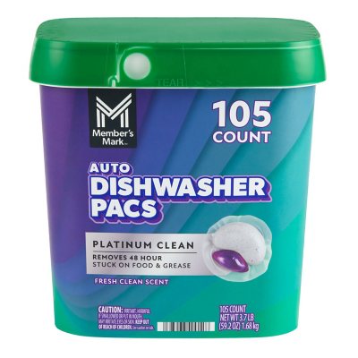 Member's Mark Platinum Clean Automatic Dishwasher Pacs, Fresh Clean, 105 ct. (opened)