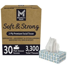 Member's Mark 2-Ply Soft and Strong Facial Tissues 30 boxes., 110 tissues/box