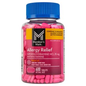 Member’s Mark Allergy Relief Tablets, 25 mg Diphenhydramine HCL, 600 ct.