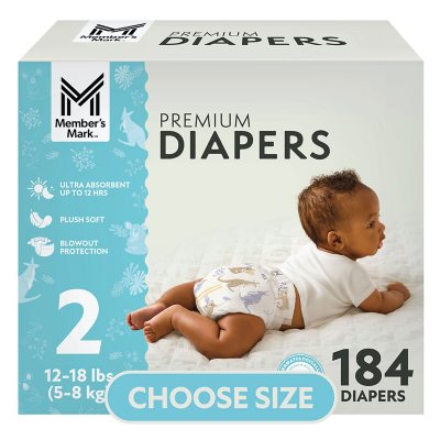 Member's Mark Premium Baby Diapers; Size 2, 184 ct., 12-18 lbs.:- 2 - 184 ct., 12-18 lbs.
