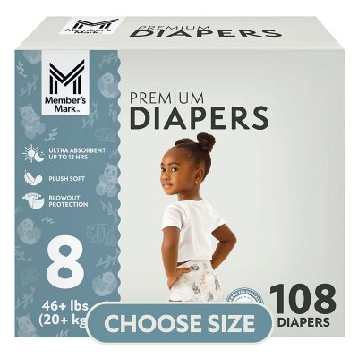 Member's Mark Premium Baby Diapers; Size 8, 108 ct., 46+ lbs.:- 8 - 108 ct., 46+ lbs.
