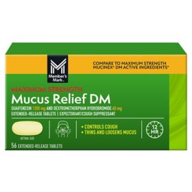 Member's Mark Maximum Strength Mucus-DM Guaifenesin and Dextromethorphan Hydrobromide Extended-Release Tablets, 1200 mg/60 mg, 56 ct. 		 		 		 		 		