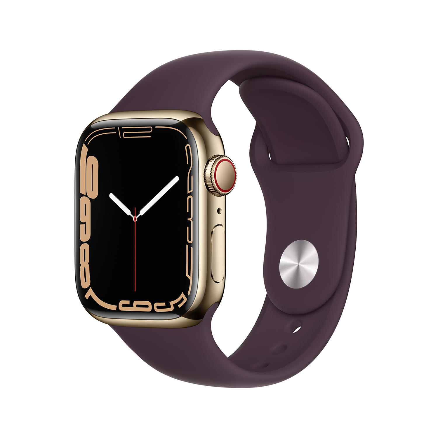 Apple Watch Series 7 (GPS + Cellular) 41mm Gold Stainless Steel Case with Dark Cherry Sport Band – Gold