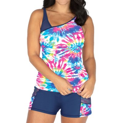 Free Country Ladies 2-piece Swim Set With Asymetrical Mesh Shoulder Tankini  & Swim Short - Sam's Club