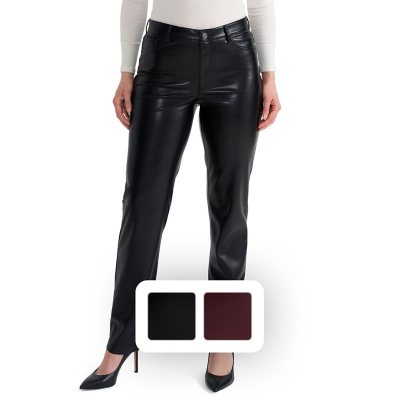 LW Women Pants Faux Leather Mid Waist Reflective Shiny Zipper Fly