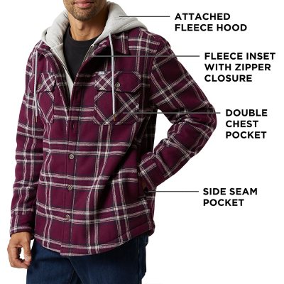 Mens Plaid Flannel Shirt Hoodie Soft Fuzzy Fleece Sherpa Lined Zip-Up 4  Pocket