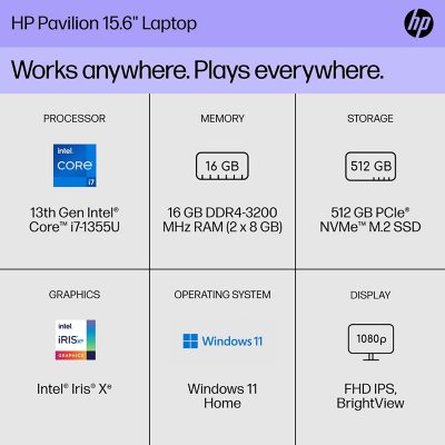 HP 15.6 inch Laptop PC, Processor: 13th Generation Intel® Core™ i7,  Graphics: Intel® Iris® Xe Graphicsc, 16 GB DDR4-3200 MHz RAM, 512GB SSD,  Windows