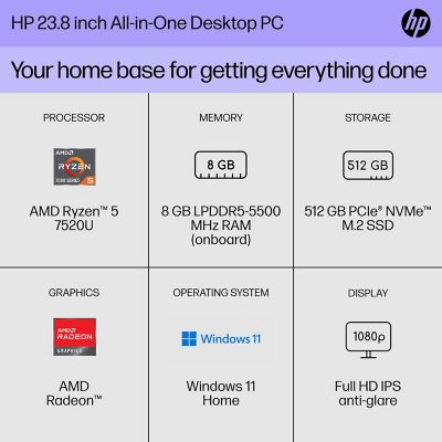 HP 23.8 inch All in One Windows Desktop PC AMD Ryzen 5 8GB RAM