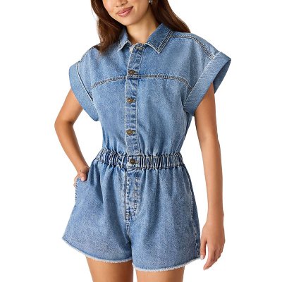 STEVE MADDEN DENIM ROMPER - MEDIUM WASH M:- Medium Wash - Online Only, M