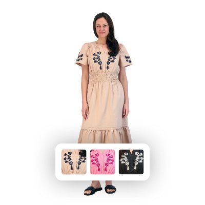 Fuuu ♡♡♡ 　Tie Front Embroidery Dress Amy 3/4 Sleeve Dress - Fuyuko Fil Coupe