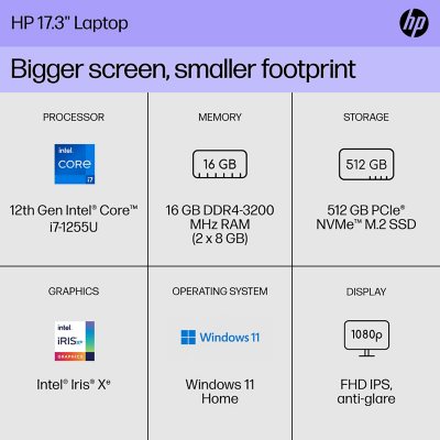 PC portable HP 17 - RAM 8 Go - Stockage SSD 1To + 128 Go - Intel