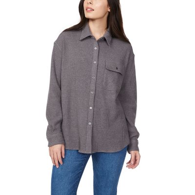 BUFFALO WOMEN'S WAFFLE BUTTON DOWN TOP - GREY M:- M, Grey
