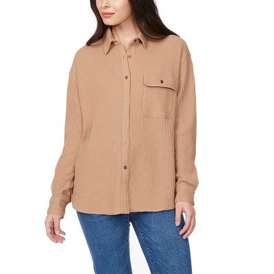 BUFFALO WOMEN'S WAFFLE BUTTON DOWN TOP - BROWN S:- S, Brown
