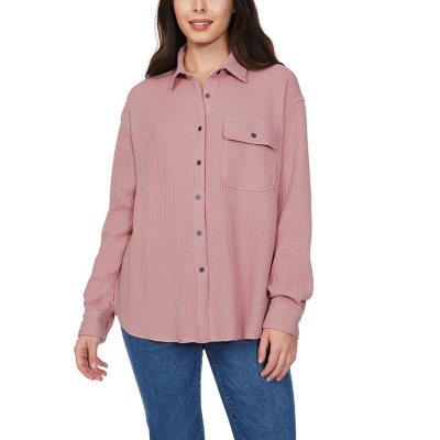 BUFFALO WOMEN'S WAFFLE BUTTON DOWN TOP - PINK L:- L, Pink