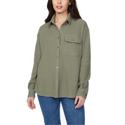 BUFFALO WOMEN'S WAFFLE BUTTON DOWN TOP - GREEN XS:- XS, Green
