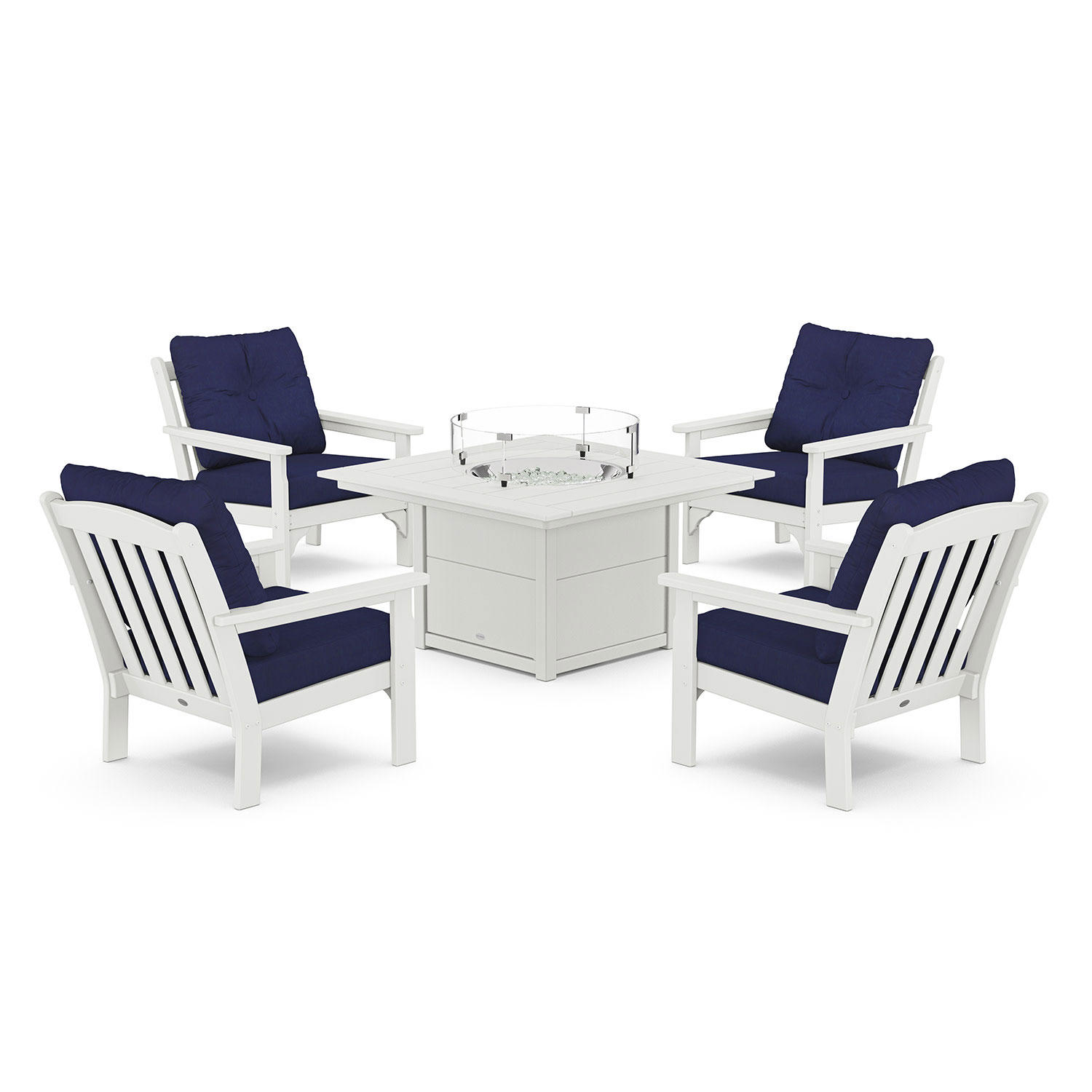 POLYWOOD Gulf Shores 5-Piece Deep Seating Firepit Set (White/Navy)