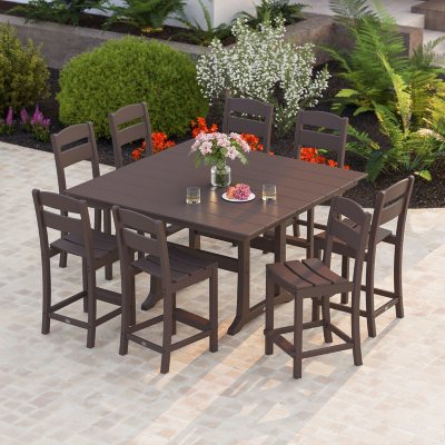 POLYWOOD Gulf Shores Farmhouse Trestle Counter Side Chair Set, 9pc:- Mahogany