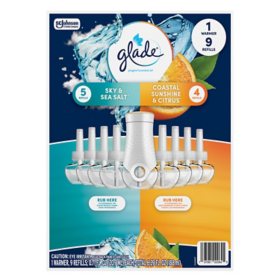 Glade PlugIns Scented Oil, Coastal Citrus Sunshine with Sky & Sea Salt, 1 warmer + 9 refills