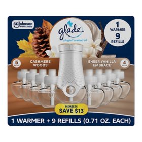 Glade PlugIns Scented Oil, Cashmere Woods with Sheer Vanilla Embrace, 1 Warmer + 9 Refills